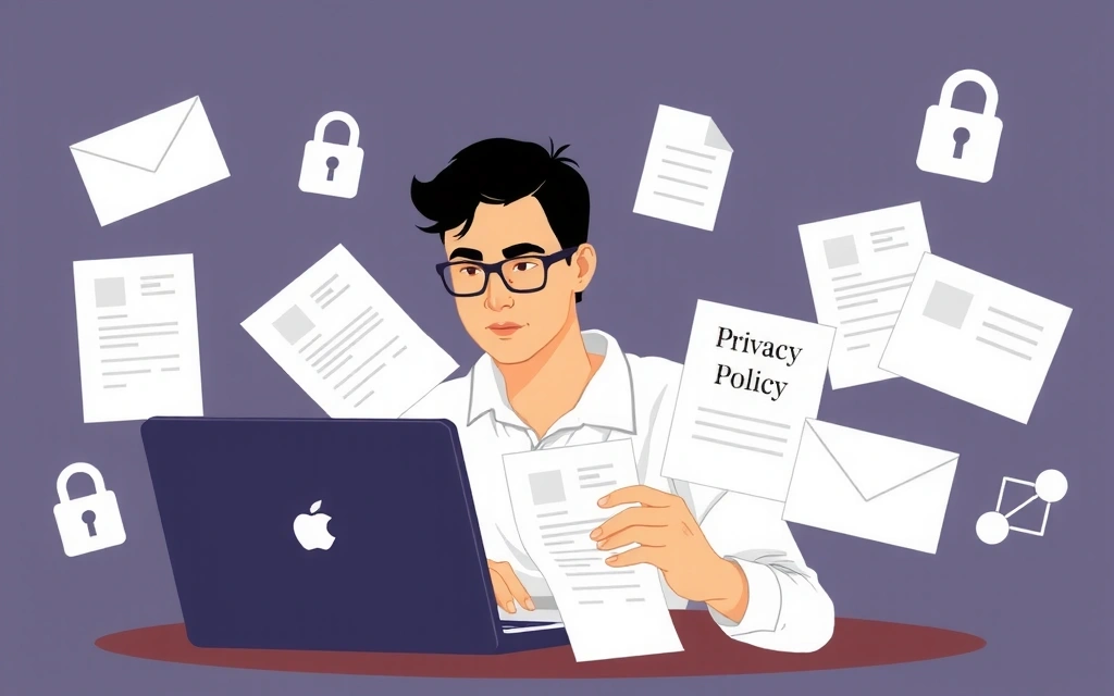 Illustration einer Person, die sich mit Datenschutzrichtlinien beschäftigt und dabei einen Laptop und rechtliche Dokumente verwendet.